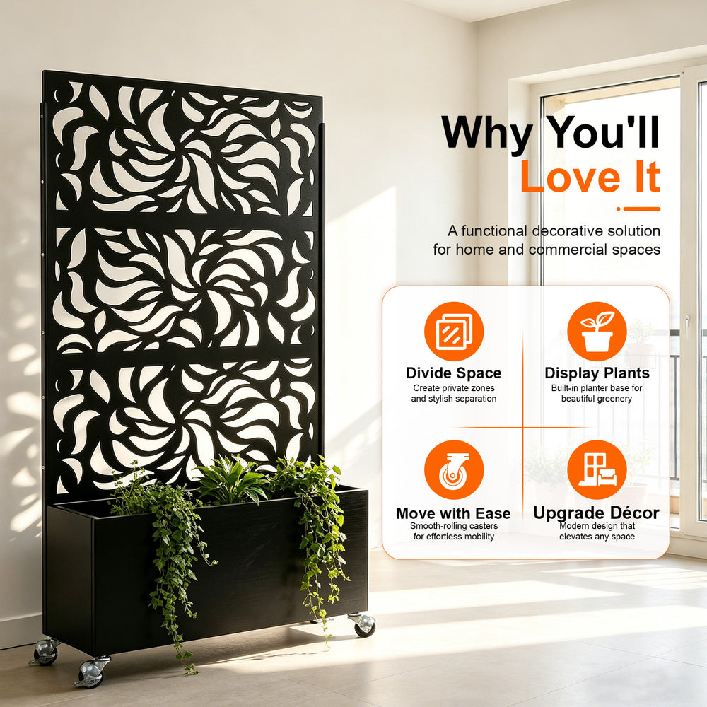 70.87' H × 46.06' W Leaf Pattern Privacy Screen with Planter Box, Black Metal Freestanding Decorative Fence Planter for Patio Balcony Backyard Media 6
