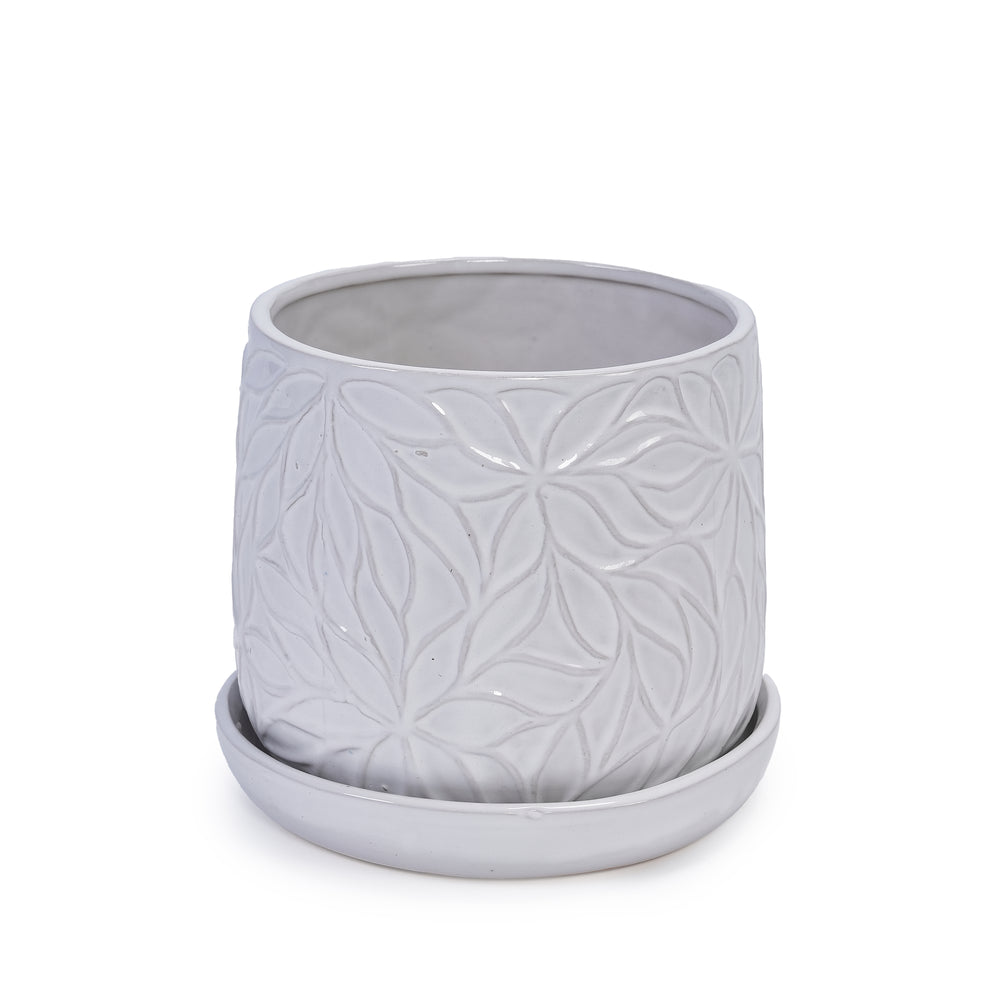 Handmade White Glossy Ceramic Planter Set of 2, 6' & 8' Diameter, Leaf Pattern Design, for Succulents and Herbs Indoor/Outdoor Shelf & Table Use, Breathable Clay with Saucers Media 11