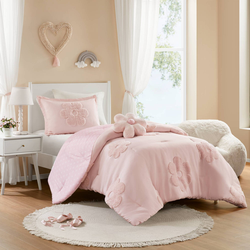 3-Piece Twin Floral Reversible Tufted Chenille Comforter Set with Flower Throw Pillow,Pink Media 1