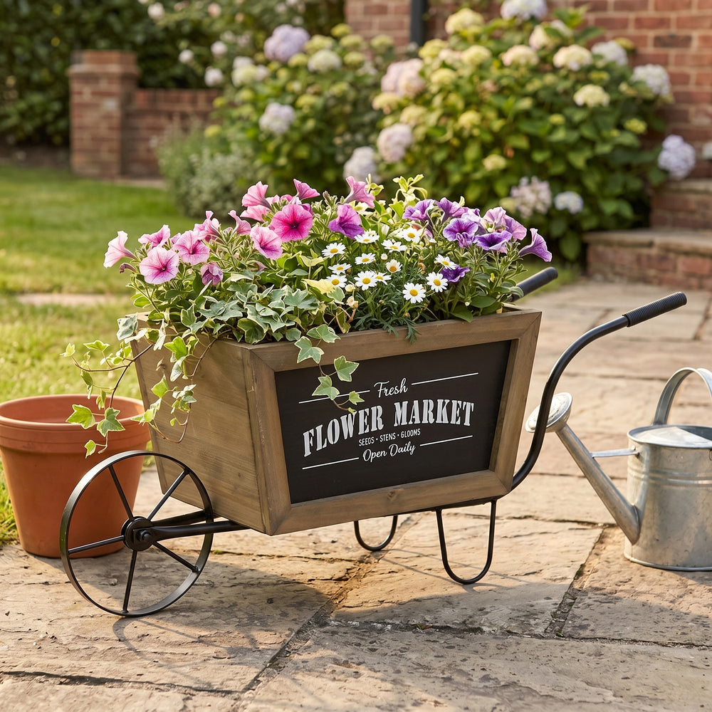 19.5x8x8.3' Brown Wooden Wheelbarrow Planter with Black Iron Frame Media 6