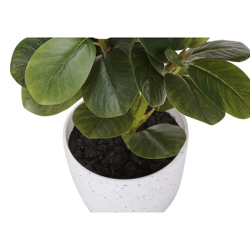 Artificial Ficus Plant Set of 2, 14 Inch Tall Indoor Decorative Table Potted Greenery with White Speckled Pots, Green Leaves, Plastic, 9x10x14 Inches