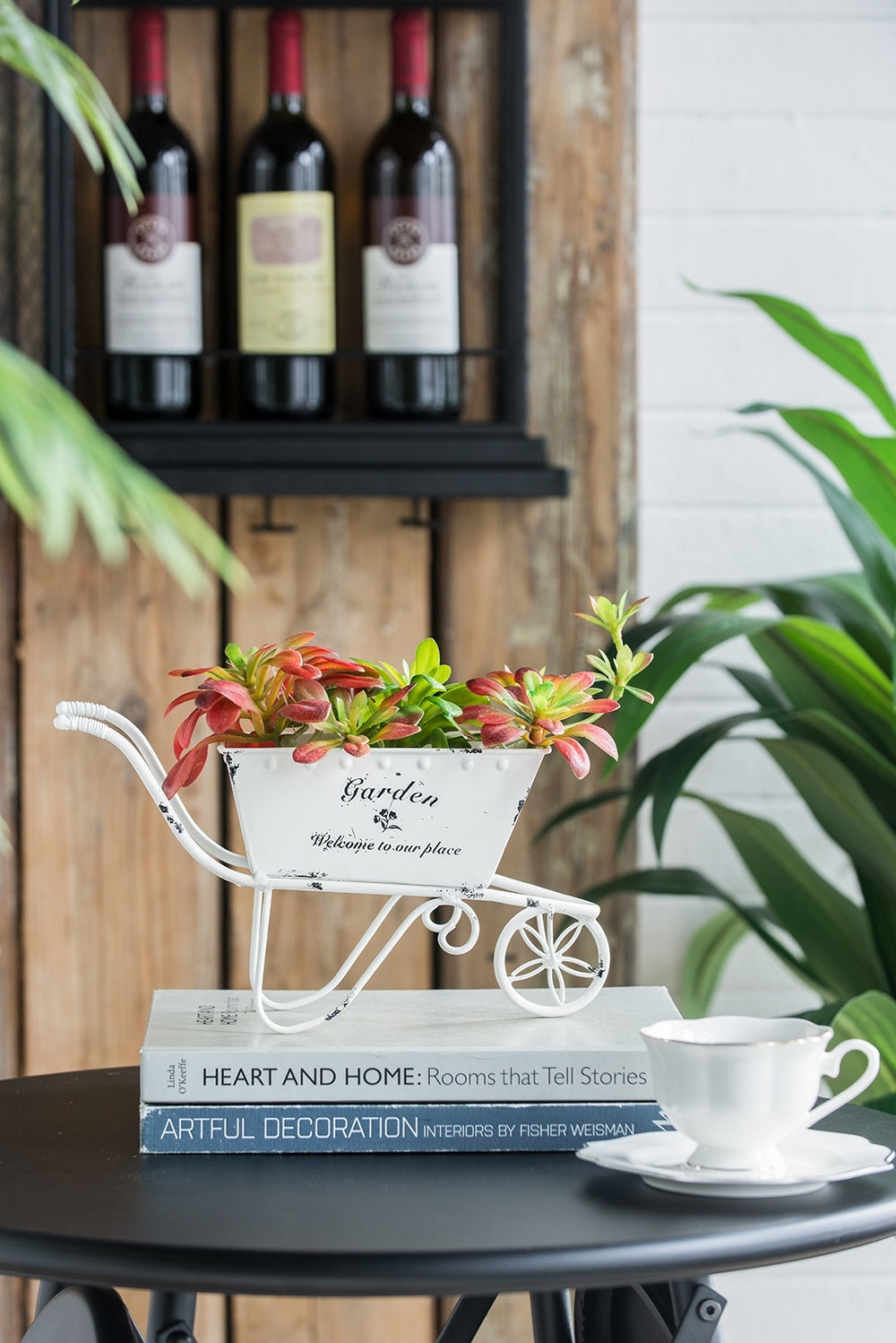 11.5x4x7' White Metal Decorative Disressed Wheelbarrow Planter, Tabletop Decor Media 9