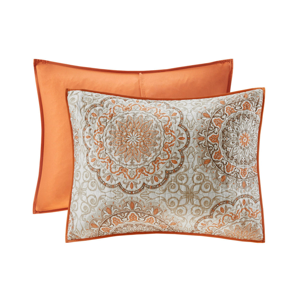 6 Piece Reversible Quilt Set with Throw Pillows Orange Full/Queen Media 10