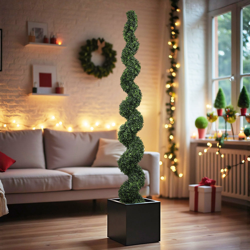 7FT Spiral Topiary Trees Artificial Outdoor Faux Boxwood Plants Large Twisted Green Potted Trees with Dark Green Leaves for Garden Front Porch Patio Planter Decoration, 1pc/set Media 8