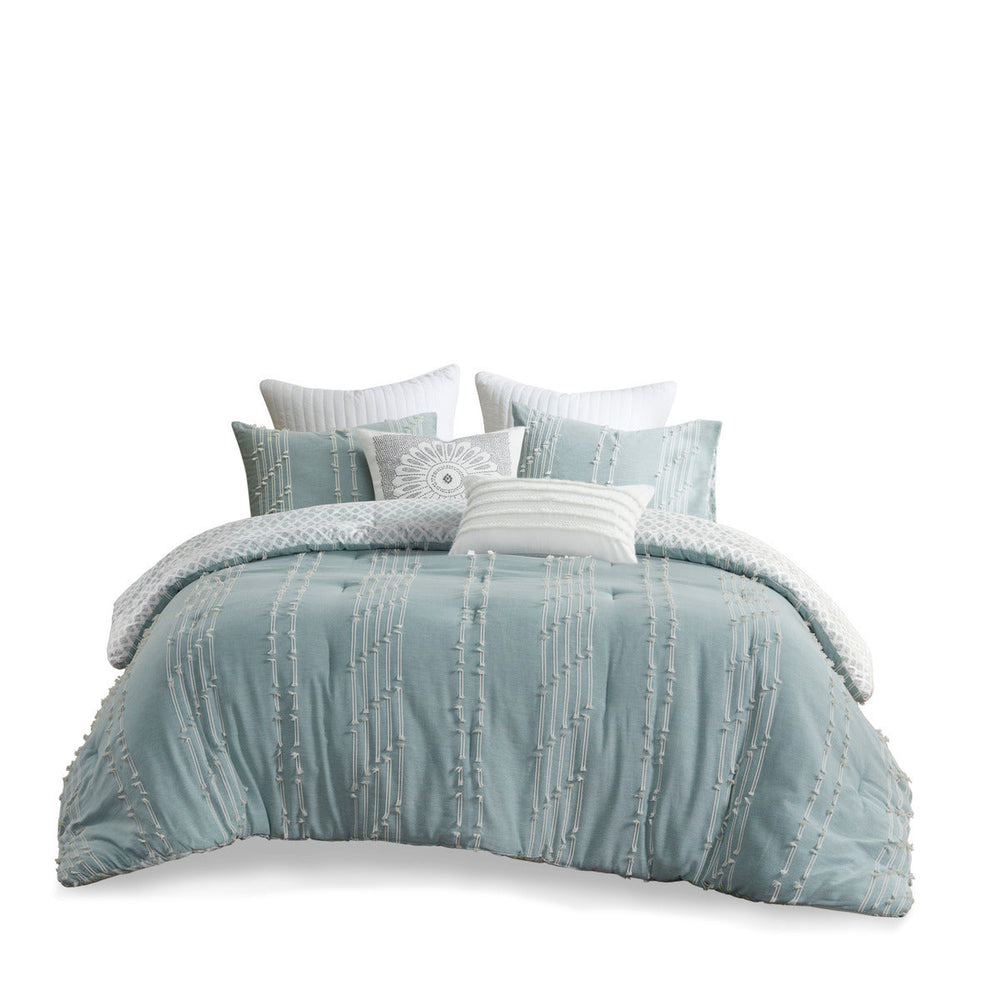 3 Piece Cotton Jacquard Comforter Set Aqua Full/Queen Media 13
