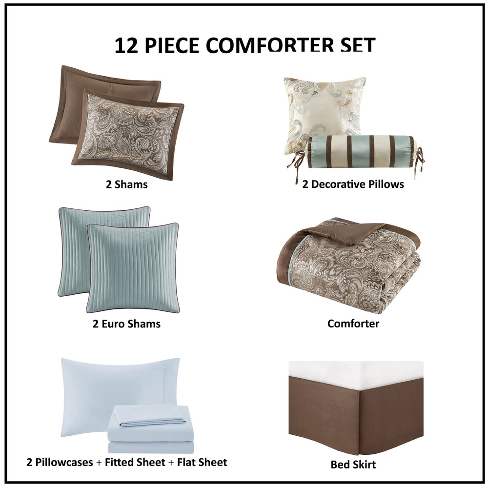 12 Piece Comforter Set with Cotton Bed Sheets Blue/Brown Full Media 3