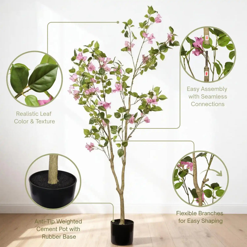 Artificial Bougainvillea Tree in Baby Pink with Green Leaves, Realistic Faux Plant in Black Plastic Pot, 60-Inch Indoor Decor for Home Office