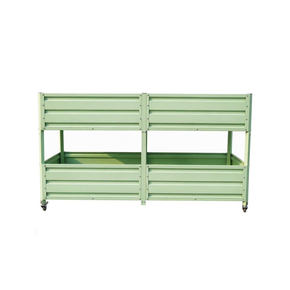 Dual Tier Elevated Metal Raised Garden Bed with Lockable Wheels, Staggered 2-Layer Raised Planter Box for Vegetables Herbs Flowers, Outdoor Patio Backyard Green Planting Bed,Green Media 17