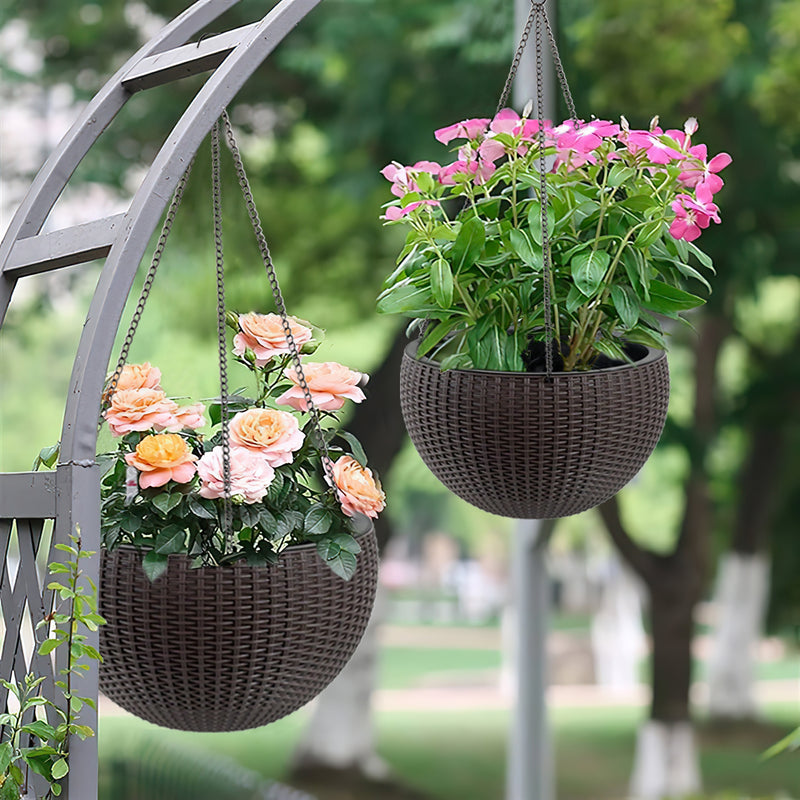 13.4 inch Self-Watering Hanging Rattan-Inspired Planter Large Capacity, Root-Rot Resistant Water Storage with Water Level Indicator, Dual-Use for Indoor & Balcony Decoration (Pack of 2, Brown)