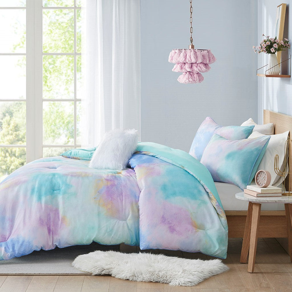 King/Cal King Watercolor Tie Dye Printed Comforter Set with Throw Pillow Media 2