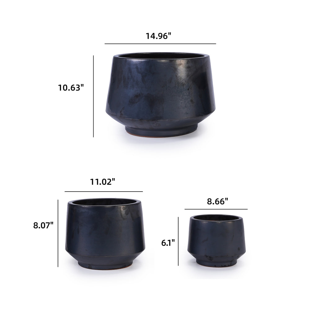 Handmade Black Matte Glazed Ceramic Planter Set of 3, 15/11/9 Inch Diameter, Textured Finish for Orchids & Begonias, Indoor/Outdoor Use on Windowsill & Bookshelf, Breathable Clay Media 5