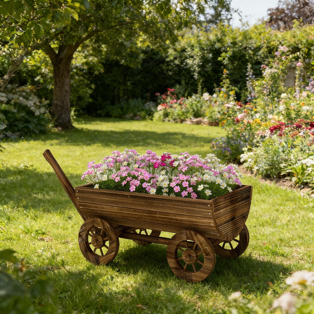 Small Wheelbarrow Wagon Flower Cart,Wooden Mobile Garden Planter Media 1