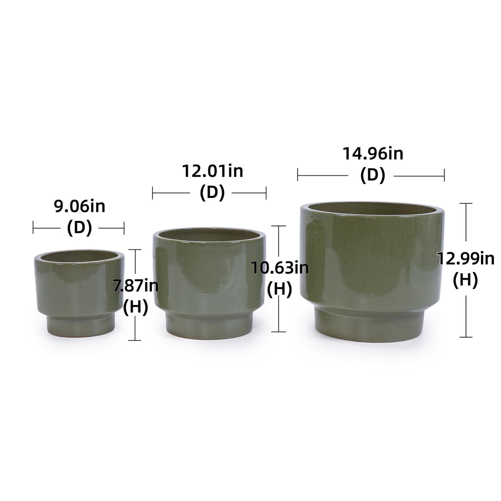 3 Pieces Ceramic Flowerpot, Modern Planter for Patio, Garden or Windowsills - Antique Light Green Media 3