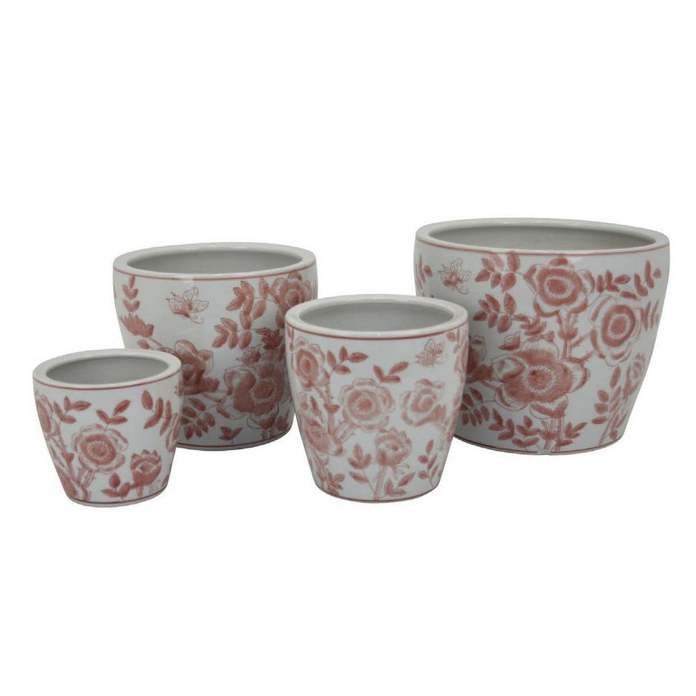 Kerry Accent Planter Pot Set of 4, Pink Floral Pattern, White Ceramic Media 1
