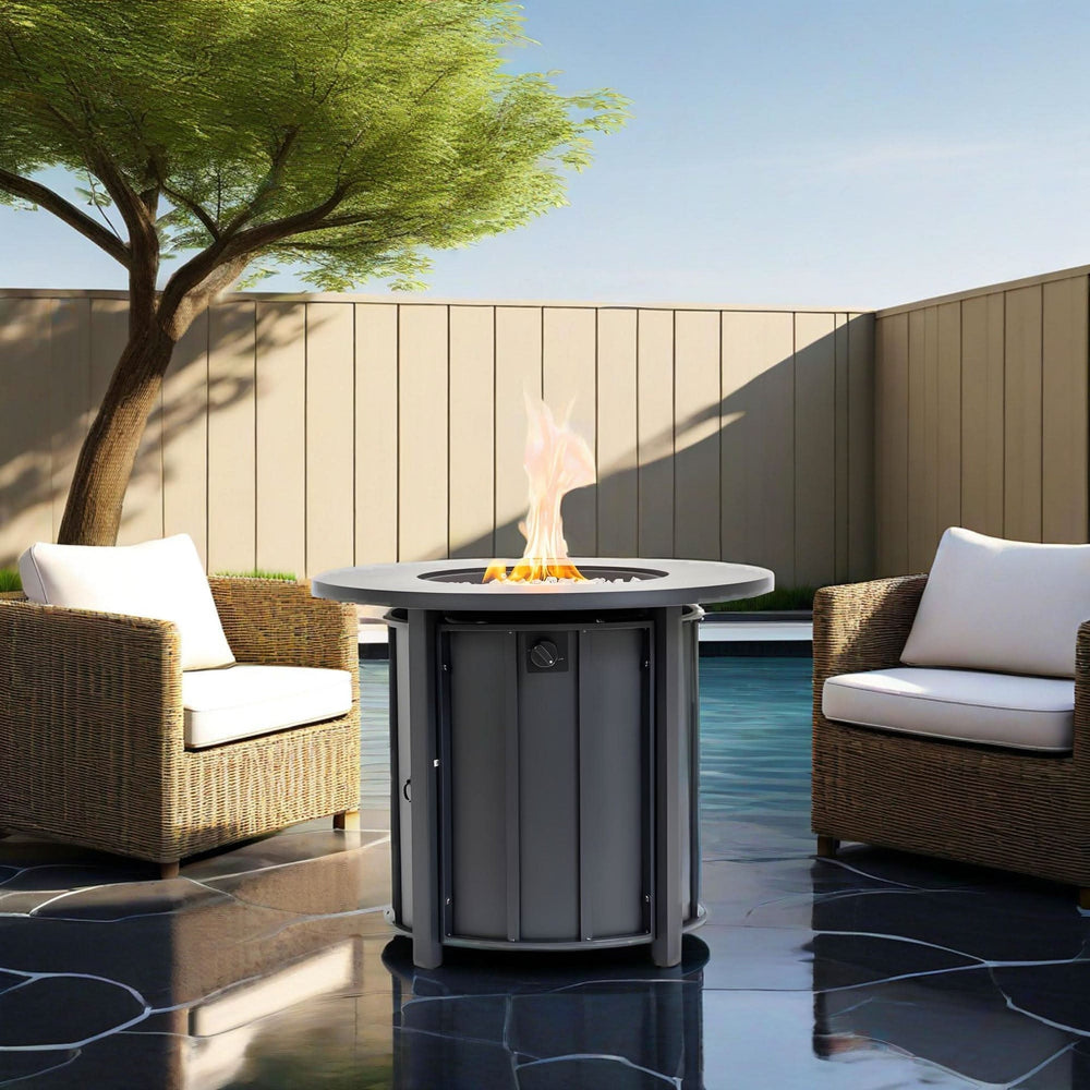 Propane Fire Pit Table Round Steel Wood Grain Ceramic Tabletop For Outdoor Patio & Backyard Entertaining Media 1