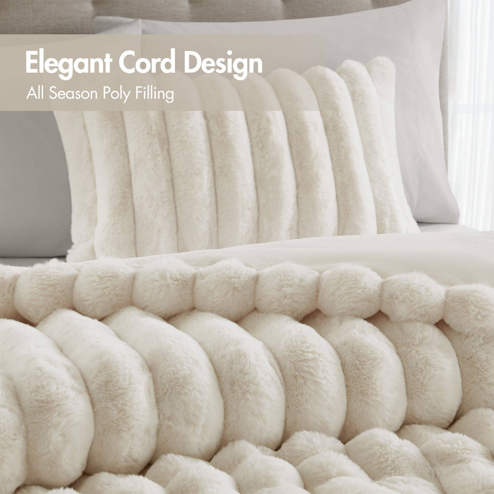 3-Piece King  soft Faux Fur Ribbed Comforter Set,Ivory Media 9