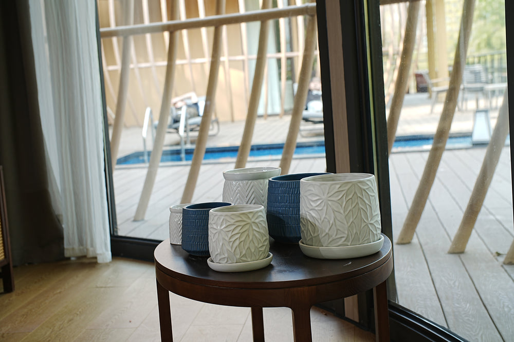 Handmade White Glossy Ceramic Planter Set of 2, 6' & 8' Diameter, Leaf Pattern Design, for Succulents and Herbs Indoor/Outdoor Shelf & Table Use, Breathable Clay with Saucers Media 18