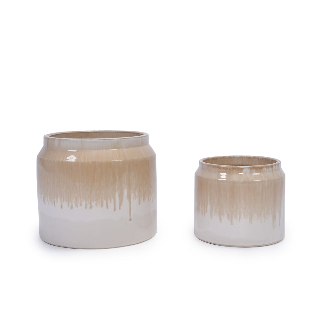 Handmade Non-Porous Ceramic Planter Set of 2, 6' & 8' Diameter, Beige Drip Glaze, for Aquatic Plants Indoor/Outdoor Shelf & Desk Use, Breathable Clay Media 3