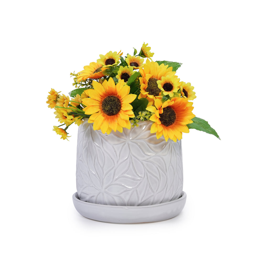 Handmade White Glossy Ceramic Planter Set of 2, 6' & 8' Diameter, Leaf Pattern Design, for Succulents and Herbs Indoor/Outdoor Shelf & Table Use, Breathable Clay with Saucers Media 9