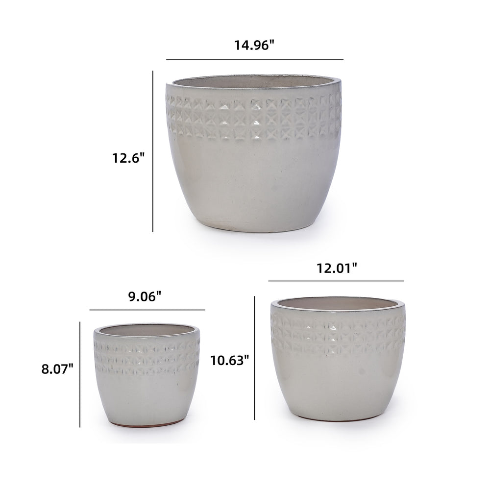 Handmade Ceramic Flower Pot Set of 3, 15/12/9 Inch Diameter, White Diamond Pattern, for Succulents Indoor/Outdoor Use on Windowsill & Bookshelf, Breathable Clay Media 19