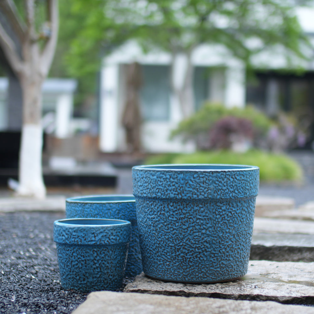 Handmade Ceramic Planter Set of 3, 15/12/9 Inch Diameter, Blue Textured Pattern, for Succulents & Indoor Plants, Windowsill & Bookshelf Use, Breathable Clay Media 2