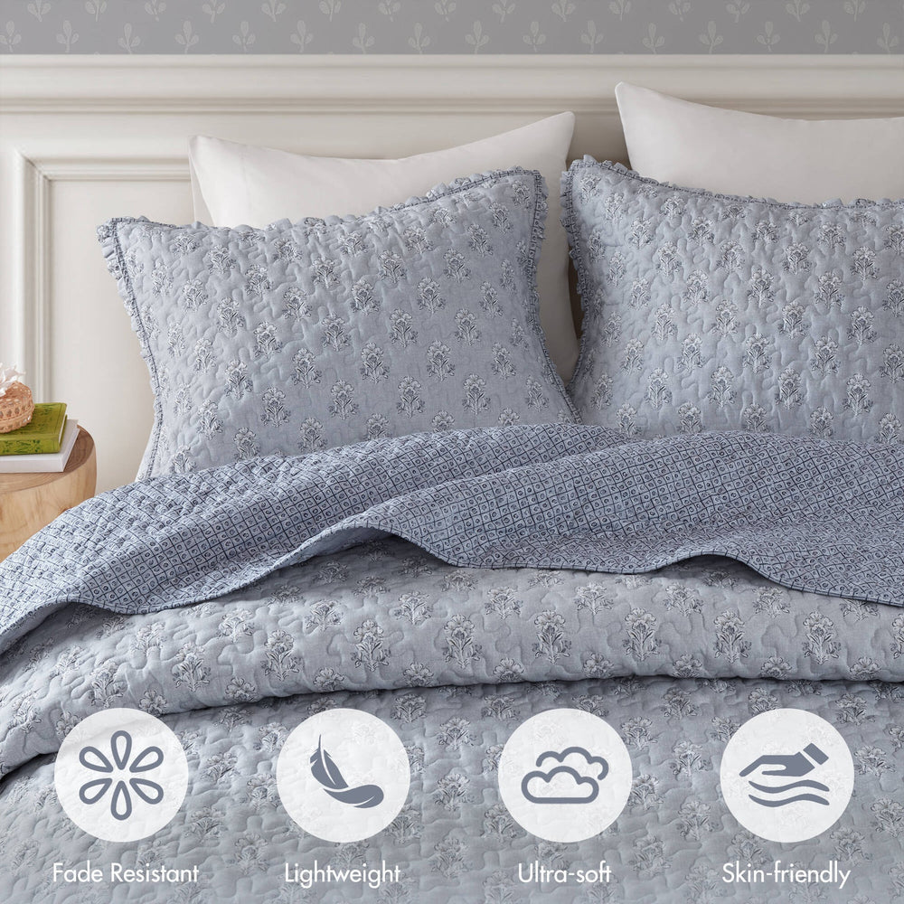 3-Piece Queen 3 Piece Ruffle Printed Quilt Set,Blue Media 11