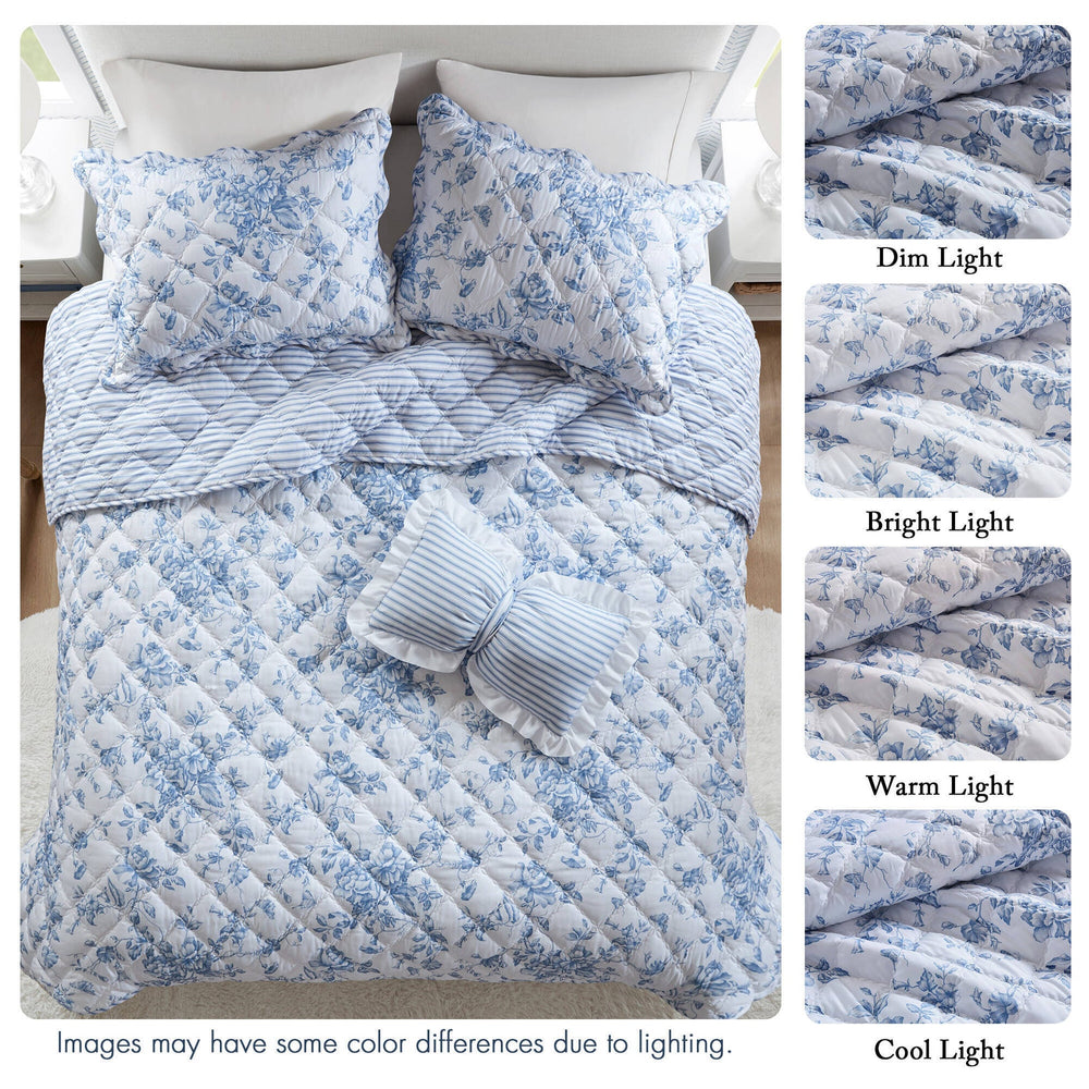4 Pieces Full/Queen  Quilt Set with Decorative Pillow,Blue Media 6