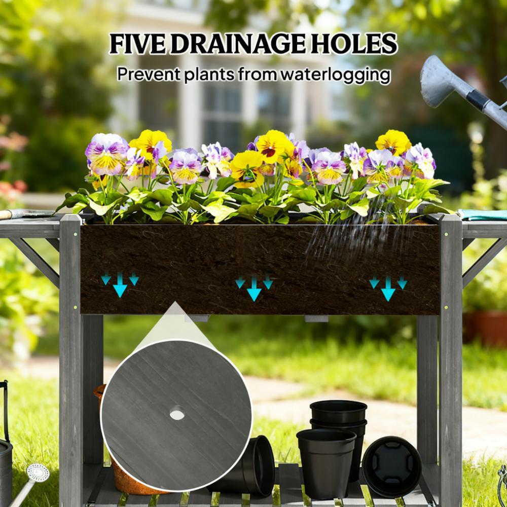 Elevated Garden Bed,Wood Raised Planter Box,with Lockable Wheels,Side Tables,Bottom Shelf,Drain Holes Media 6
