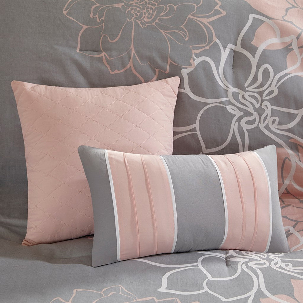 Printed Cotton Sateen Comforter Set Grey/Peach Queen Media 4