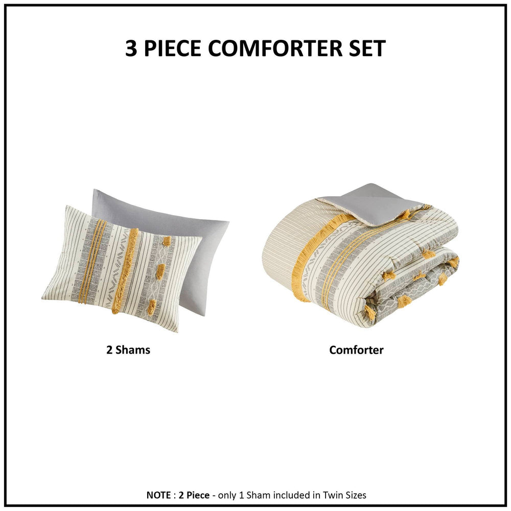 3 Piece Cotton Comforter Set Gray/Yellow Full/Queen Media 9