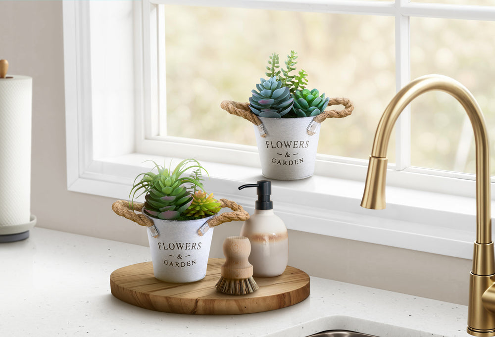 Artificial Plant, Set Of 2, 7' Tall, Succulent, Table, White Metal Pots, Contemporary, Modern Media 1