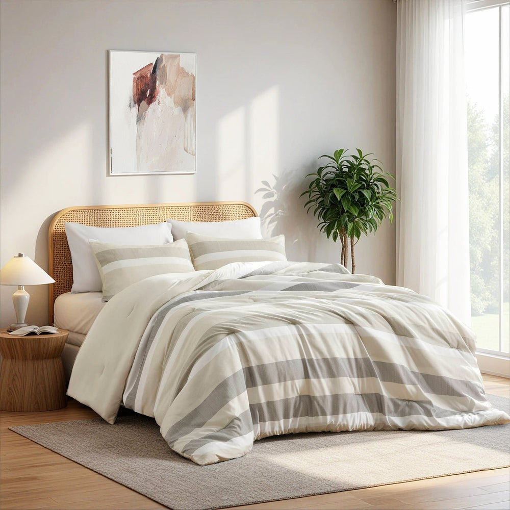3-Piece King/Cal King Stripe Textured Print Comforter Set,Neutral Media 12