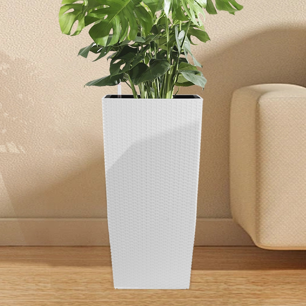 Indoor/Outdoor Modern Faux Rattan Design Square Planter, 22.6 inch White Plastic Large Planter with Automatic Watering System for Home and Garden (White, 22.6 inch - 2 Pack) Media 2
