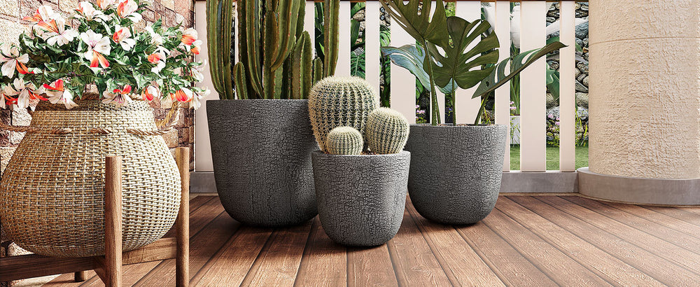 U_STYLE Lightweight MGO Planter Set of 3,16.93'+13.78'+11.02' Dia Round Concrete Stackable Flower Pots with Drainage Holes and Rubber Plug,Crackle Stone Texture for Patio Garden Balcony Indoor Outdoor Media 3