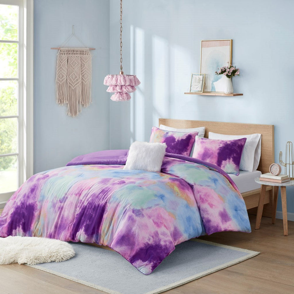 Full/Queen Watercolor Tie Dye Printed Comforter Set with Throw Pillow Media 1