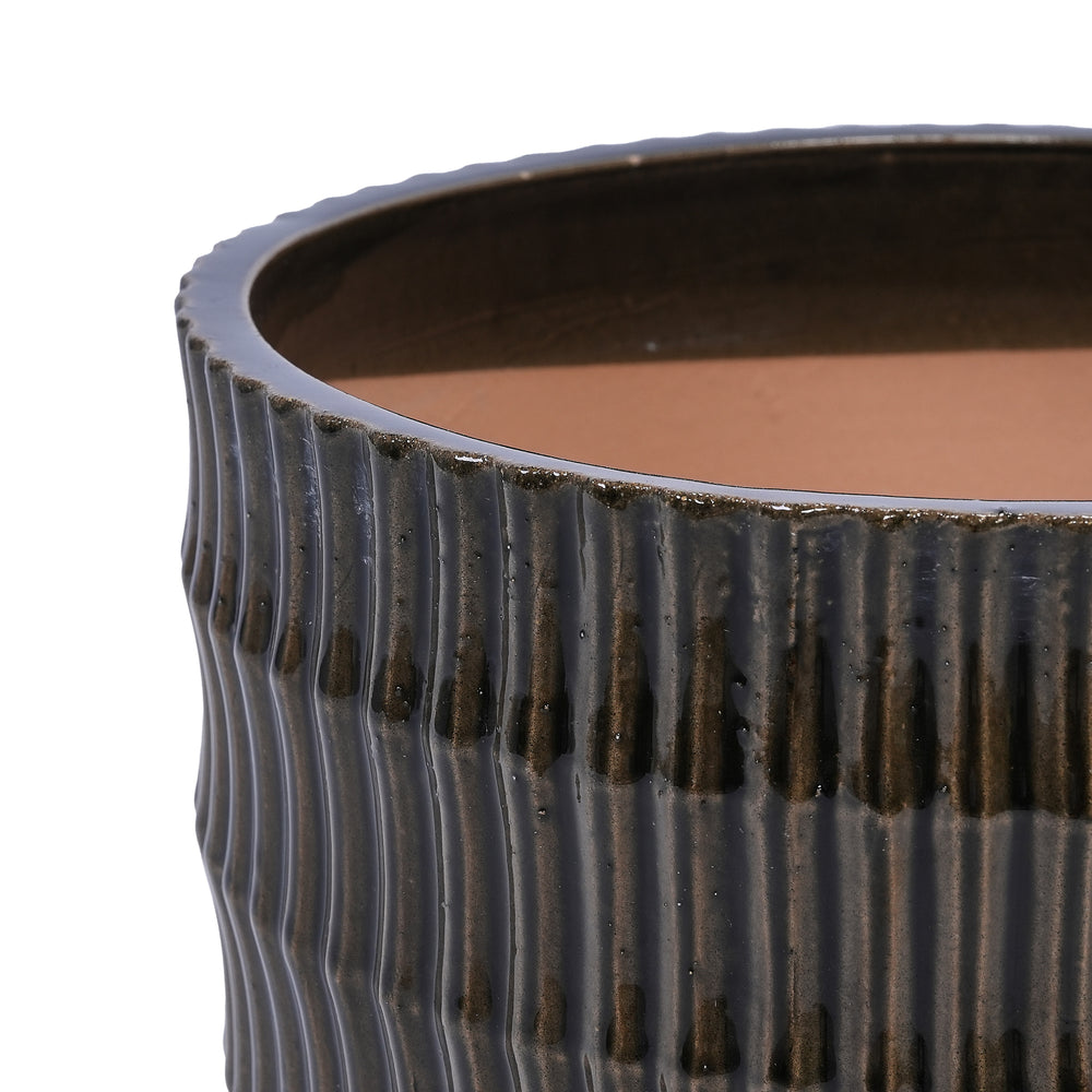 Handmade Matte Metallic Charcoal Gradient Glaze Ceramic Planter Set of 4, 7/9/12/14 Inch, Horizontal Grooves, Indoor & Outdoor Herb Succulent Pots, Breathable Clay with Drainage Holes Media 12
