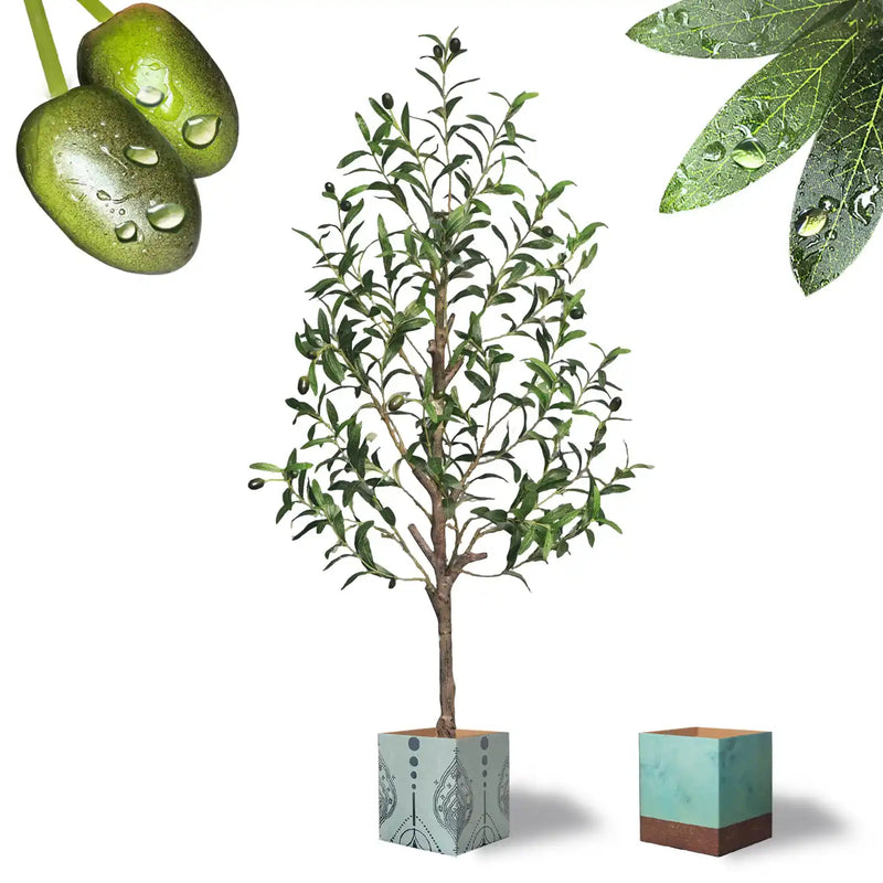 Artificial Olive Tree with Water Droplets: 4ft Potted Realistic Fake Plant Trees with Fruits for Indoor Home Room Office Balcony Decor
