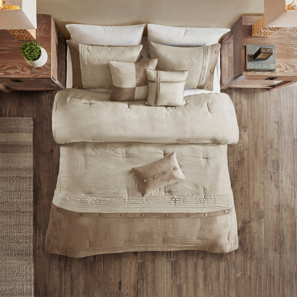 7 Piece Faux Suede Comforter Set Tan Cal King Media 12
