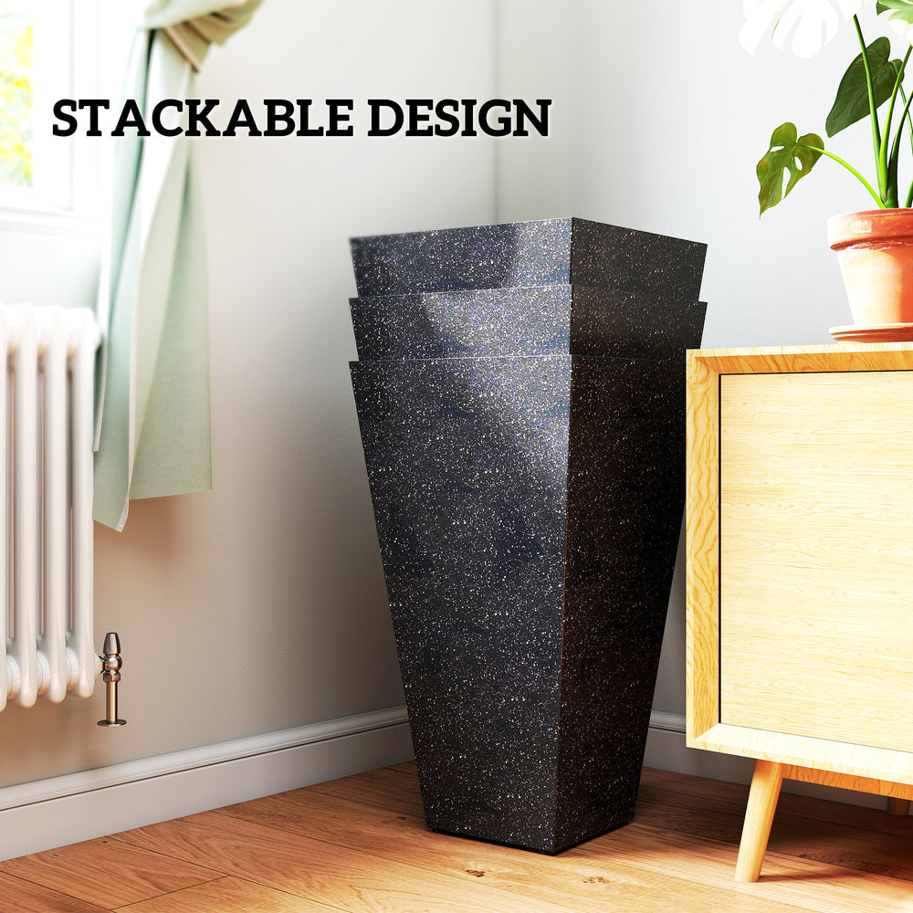 Outsunny 28' Tall Planters, Set of 3 Plastic Flower Pots with Marble Finish and Drainage Holes, Stackable Tapered Outdoor Planters, Black Media 3