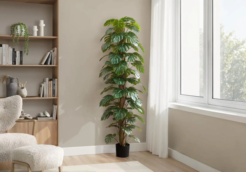 Artificial Plant, 83' Tall, Monstera Tree, Floor, Indoor, Decorative, Green Leaves, Black Pot
