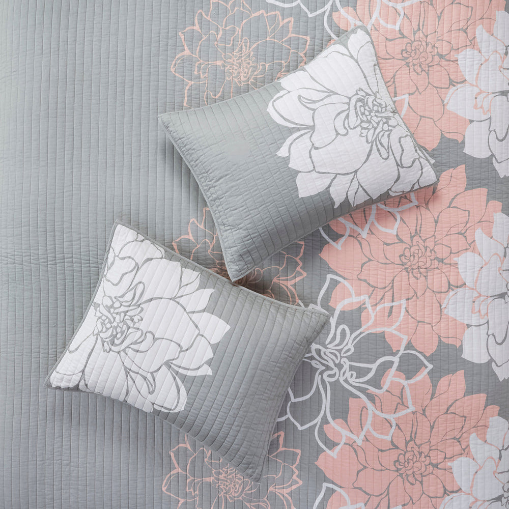 6 Piece Printed Cotton Quilt Set with Throw Pillows Grey/Peach Full/Queen Media 7