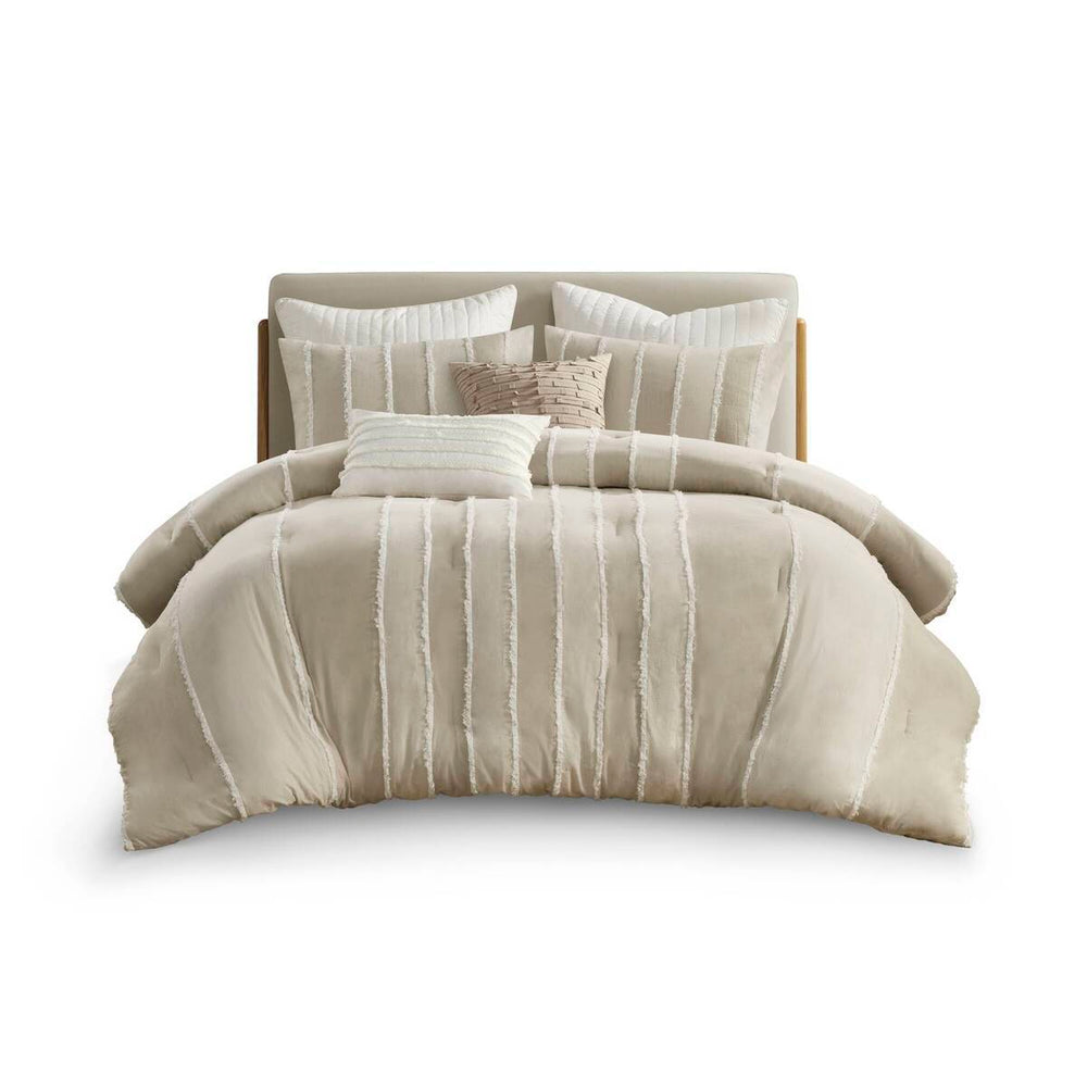 3 Piece Striped Cotton Comforter Set Taupe King/Cal King Media 18