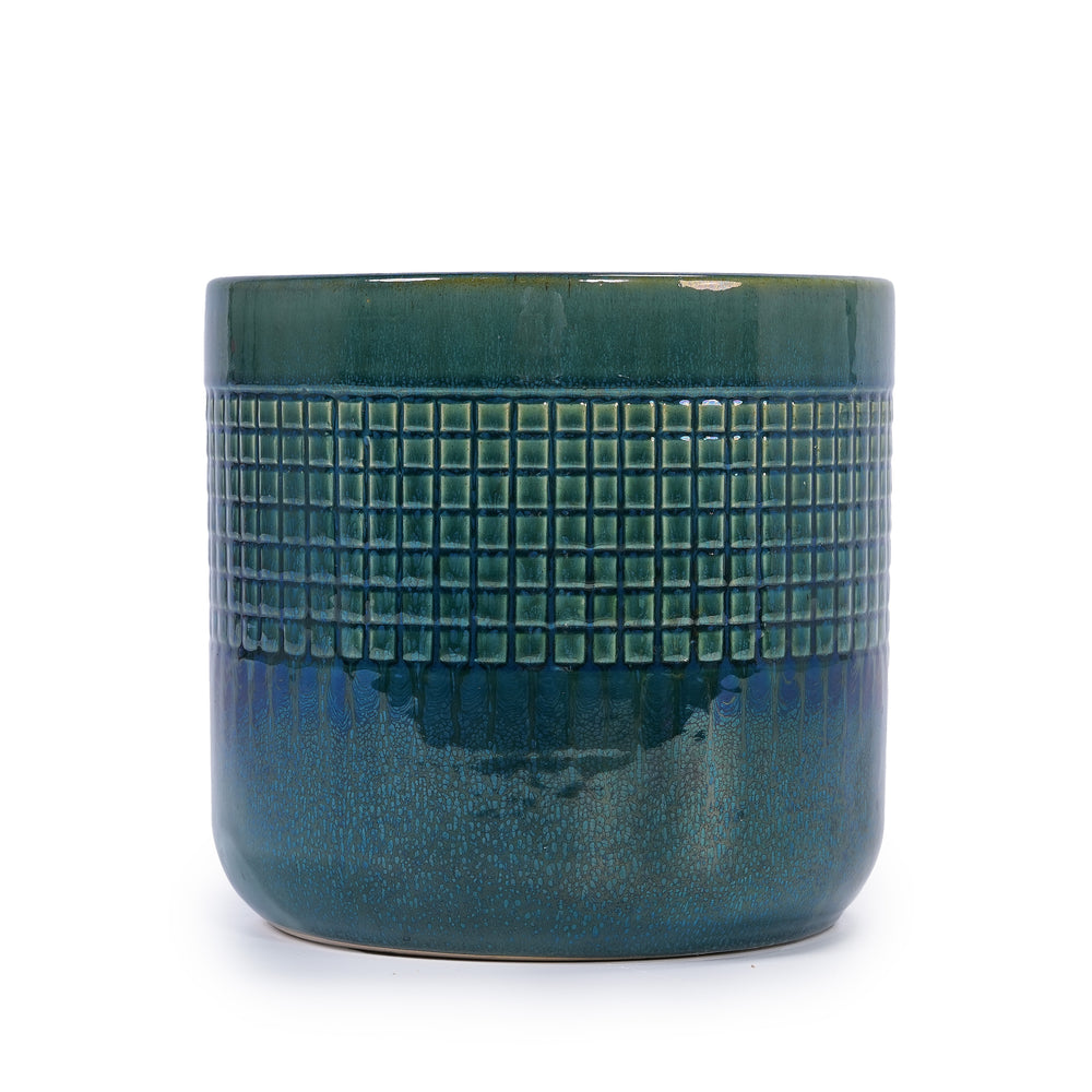 Set of 3 Grid Ceramic Flowerpot, Modern Planter for Patio, Garden, Windowsill - Blue Green Media 7