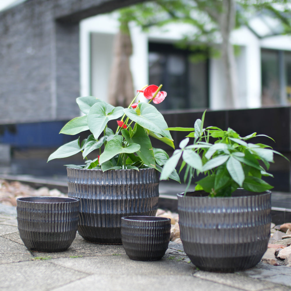 Handmade Matte Metallic Charcoal Gradient Glaze Ceramic Planter Set of 4, 7/9/12/14 Inch, Horizontal Grooves, Indoor & Outdoor Herb Succulent Pots, Breathable Clay with Drainage Holes Media 1