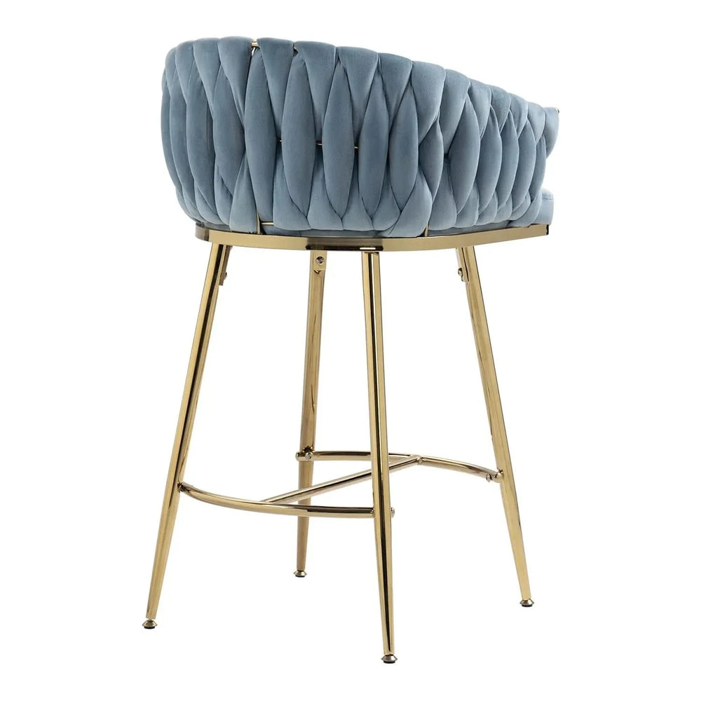 Counter Height Bar Stools Velvet Blue Upholstery Wave Back & Gold Base Set of 2 Media 5