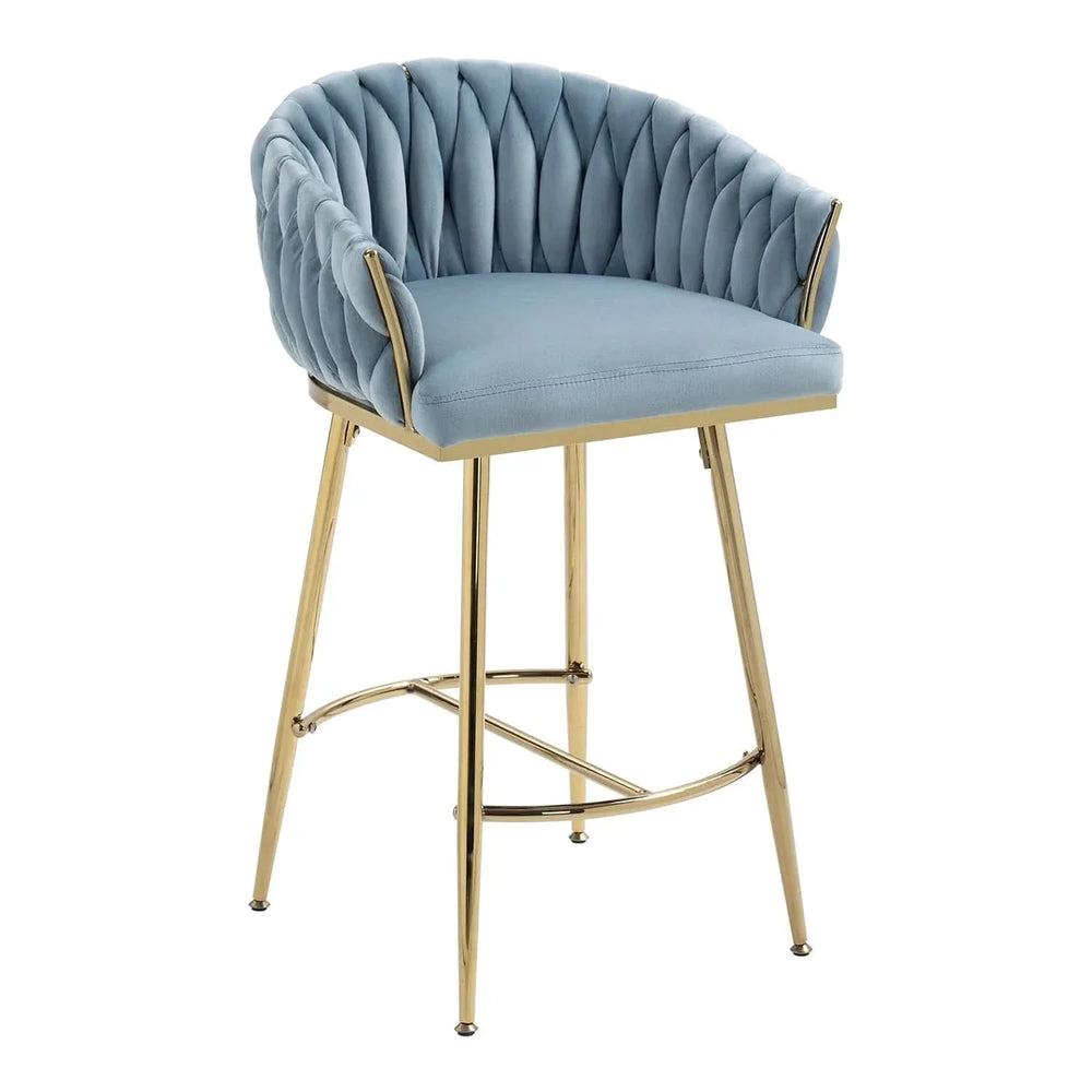 Counter Height Bar Stools Velvet Blue Upholstery Wave Back & Gold Base Set of 2 Media 3