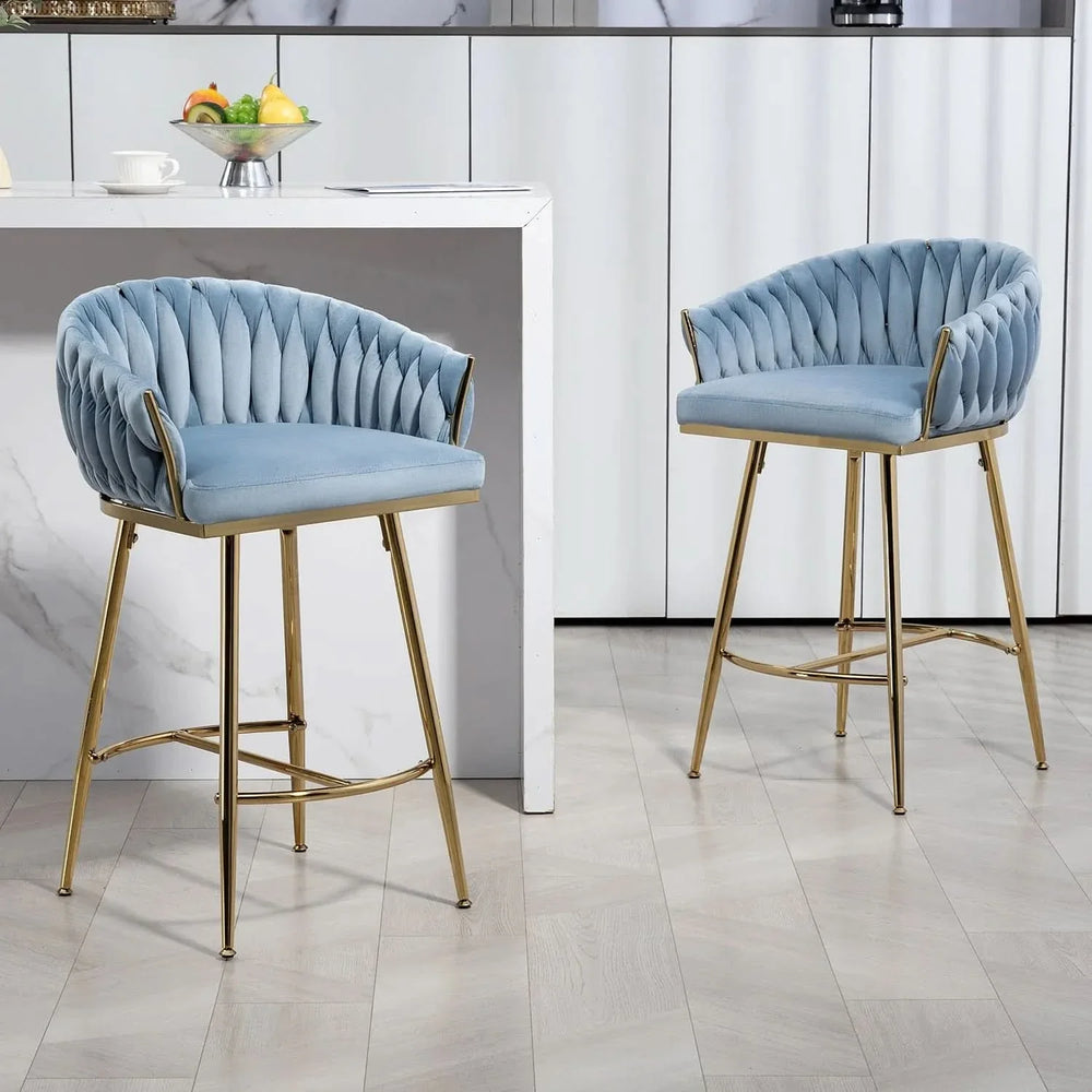 Counter Height Bar Stools Velvet Blue Upholstery Wave Back & Gold Base Set of 2 Media 1