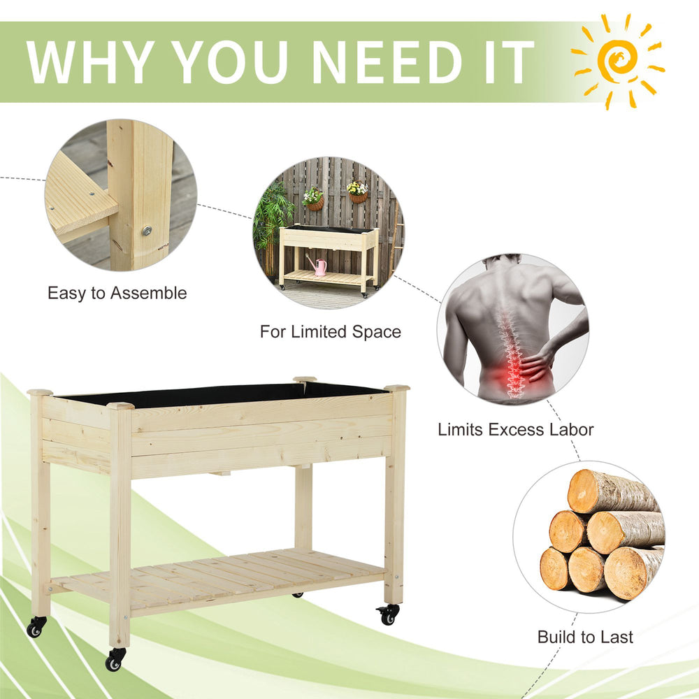 Outsunny Raised Garden Bed with Lockable Wheels and Storage Shelf, Natural Wood, 47 x 22 x 33 Inches Media 5