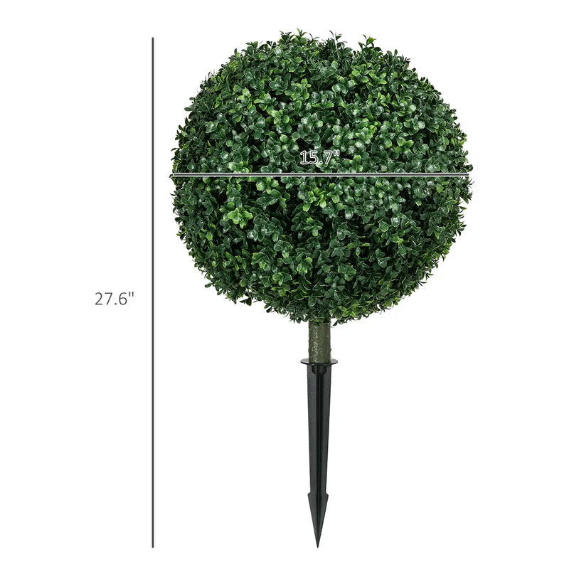 HOMCOM 1.3' (15.7') Artificial Boxwood Topiary Trees with Ground Stake, UV Resistant Set of 2 Ball Shaped Trees, Indoor Outdoor Fake Plants for Home Office & Living Room Décor