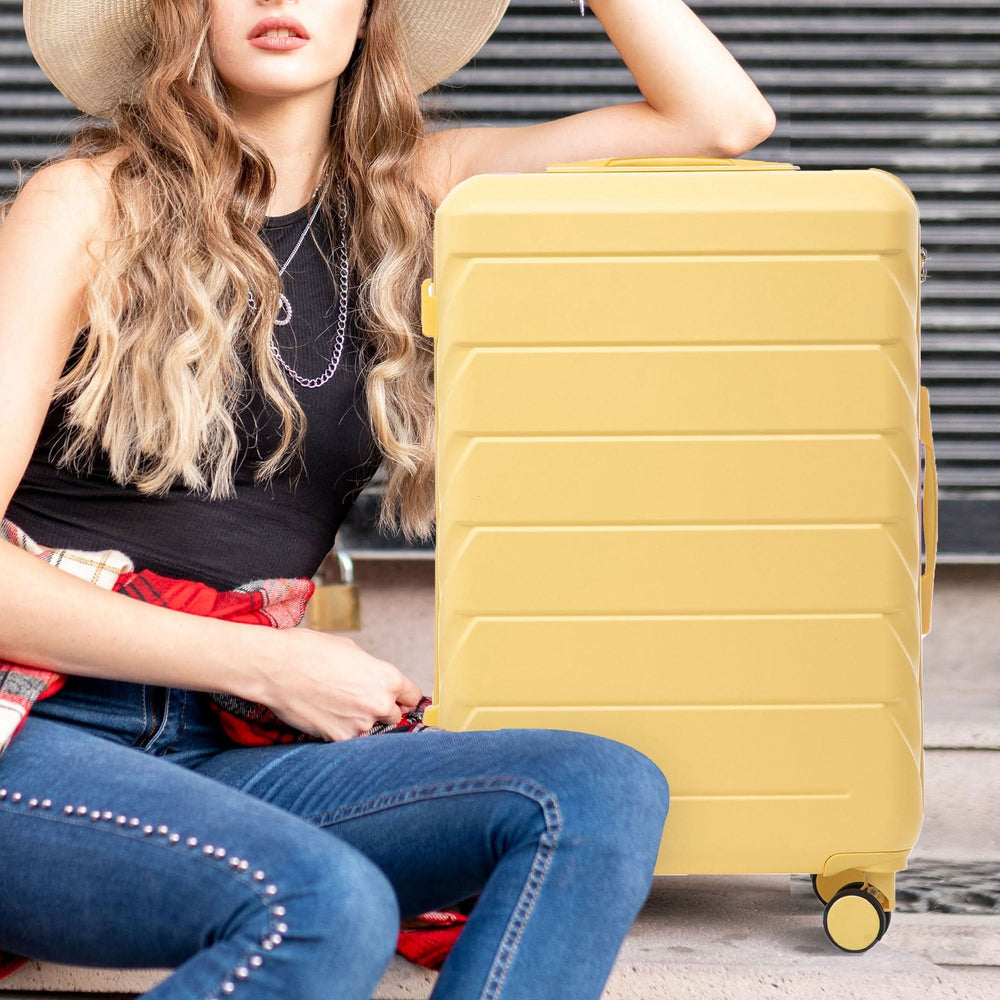 ABS Luggage Set Spinner Wheel 3-Piece Yellow Waterproof Travel Case 20 24 28 Inch Media 5